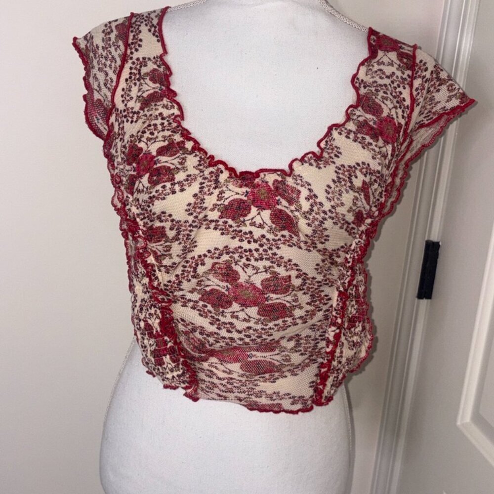 Free People My Baby Crop Mesh T-Shirt Red Ivory Combo Sheer Ruffle size XS
